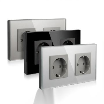 Priza perete cu ramă sticlă dublă, vedere frontală, design modern cu două orificii și indicator luminos, finisaj lucios.
