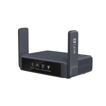 Router Wi-Fi 7 vedere frontală, dual-band, cu ecran tactil integrat și 2 porturi 2.5G, design modern pentru călători de afaceri