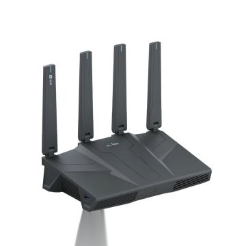 Router Wi-Fi 7 dual-band vedere frontală, corp negru cu antene și indicatoare LED, design modern pentru rețea smart home