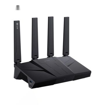 Router Wi-Fi 7 cu vedere frontală, design modern cu antene externe multiple, porturi de conexiune vizibile și indicatori LED